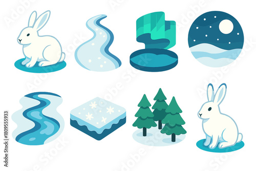 Isometric Northern Hares. Northern Hares flat icons set. resting hare, snow path, aurora light, cold night, frozen stream, frost-covered ground, forest edge, white fur