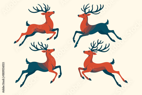 Dynamic Reindeer Art. Collection of reindeer in dynamic poses, prancing and leaping. Each reindeer is depicted with elegant antlers and a graceful stance. They are. Vector illustration