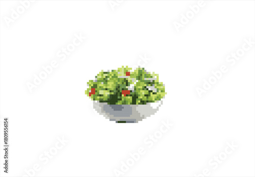 Vibrant Pixelated Green Salad in a White Bowl. 8 bit. Game development, mobile app. Isolated vector illustration.