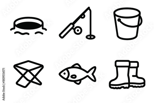 Frozen Lake Icons. Frozen Lake Fishing linear icon set. ice hole, fishing rod, bucket, stool, fish, snow boots