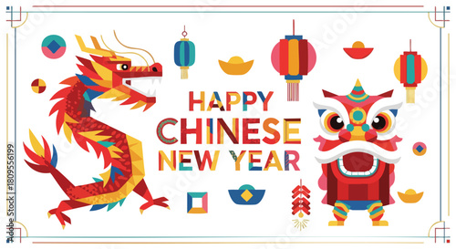 Festive Chinese New Year Illustration with Dragon, Lion Dance, and Geometric Elements