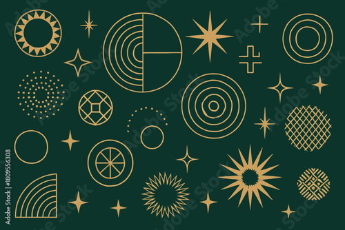 Golden Geometric Elegance. Array of intricate geometric shapes and lines in gold adorn a dark green background. The harmonious arrangement of circles, stars, and. Vector illustration