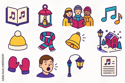 Festive Caroling Icons. Caroling Voices flat icons set. songbook, candle lantern, group of singers, musical notes, winter hat, scarf, bell, snowy street, lantern post, mittens