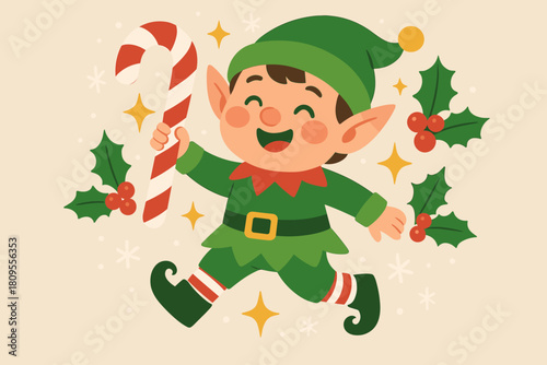 Cheerful Elf Festivity. Cheerful elf character holding a candy cane, surrounded by twinkling stars and holly leaves. The elf's rosy cheeks and bright green outfit. Vector illustration