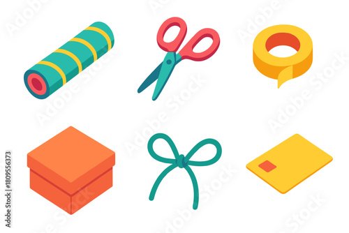 Festive Wrapping Icons. Festive Wrapping flat icons set. paper roll, scissors, tape, folded box, twine bow, small card
