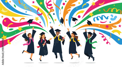 Illustrative depiction of joyous graduation ceremony with diverse students and celebratory elements indicating educational achievement and new