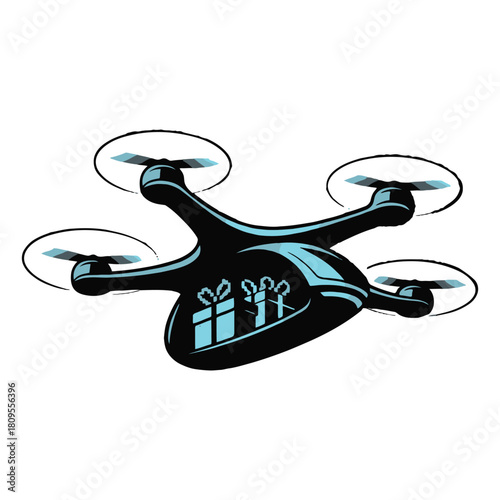Drone delivering christmas gifts isolated on white background