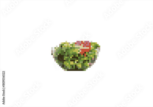 Pixelated Fresh Salad Bowl. 8 bit. Game development, mobile app. Isolated vector illustration.