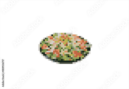 Pixel Art Salad on a Plate. 8 bit. Game development, mobile app. Isolated vector illustration.