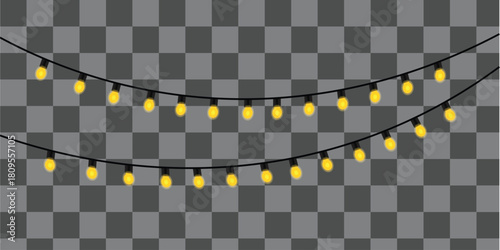 Bright glowing yellow string lights on a transparent background, perfect for festive holiday decorations, celebrations, parties, and seasonal design elements, adding a warm ambiance.