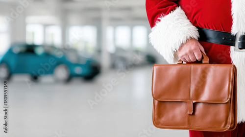 Christmas Santa Claus Boss Business Concept,Business professional santa boss carrying leather briefcase walking through modern office during
