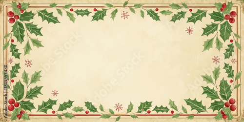 Vector christmas festive christmas frame with holly leaves and berries on a beige background with snowflakes decorates it