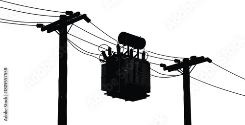 Detailed silhouette vector illustration of an electrical transformer suspended between utility poles with power lines for energy distribution networks.