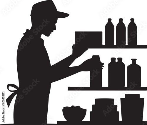 Silhouette of a person in a hat and apron arranging products on shelves
