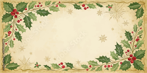 Vector christmas holly leaves and berries frame with snowflake accents on a parchment background design element