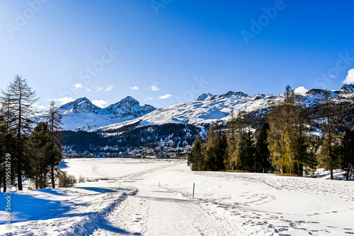 St. Moritz, St. Moritzersee, Oberengadin, Alpen, Corviglia, Piz Nair, Piz Julier, Piz Albana, Winter, Wintersport, Winterwanderung, Stazerwald, Langlauf, Schneedecke, Graubünden, Schweiz 