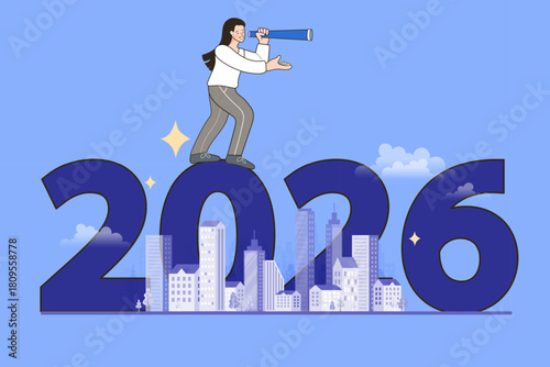 A visionary businesswoman uses a telescope on the year 2026 text. This concept illustrates future business forecasting, strategic planning for new opportunities, and economic growth in the city.