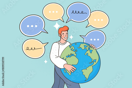 Connect with the world with this global communication concept. A happy man holds the earth surrounded by speech bubbles, symbolizing international language learning and social network chat.