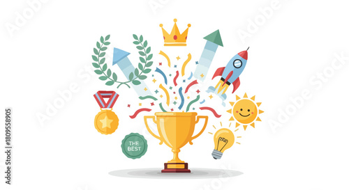 Celebratory Golden Trophy Illustration with Confetti and Symbolic Icons of Achievement and Success