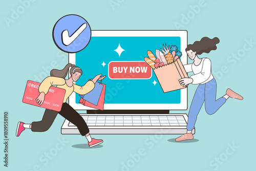 Happy women rush to shop online using a laptop. One carries fashion bags and a credit card while the other holds fresh groceries, symbolizing the variety and convenience of e-commerce stores.