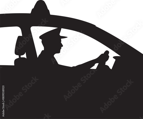 Silhouette of a taxi driver in uniform driving a car