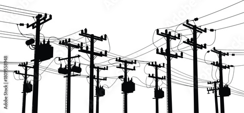 Detailed vector silhouette of complex electric utility poles, transformers, and tangled overhead power lines for energy distribution grid.