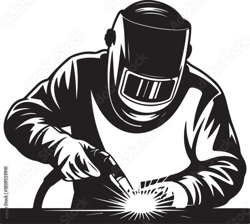 Welder wearing protective gear and helmet working with sparks