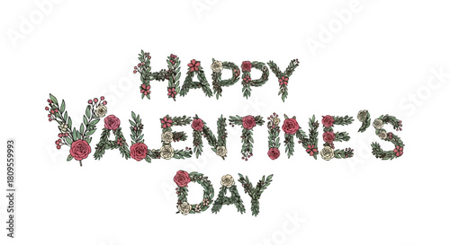Floral Typography: A Romantic Happy Valentine's Day Celebration on a White Background