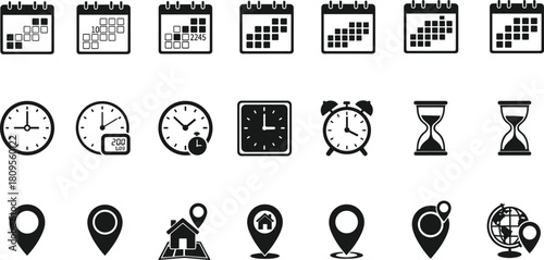 Modern flat design set of essential icons for business and travel, including navigation markers, alarm clocks, and monthly scheduling graphics.