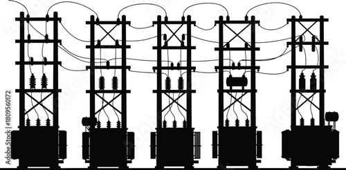 Detailed vector silhouette of electrical substation equipment with high voltage transformers and steel structures for power distribution.