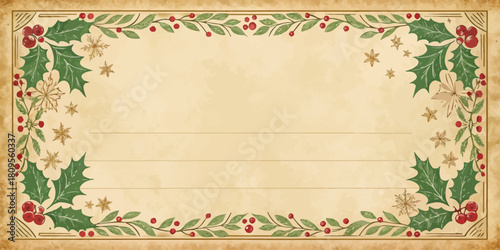 Vector christmas vintage christmas card with holly leaves berries and snowflakes on a parchment paper background