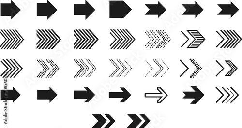 Diverse collection of thirty-four vector arrow icons, featuring solid, patterned, and outline styles to indicate direction, movement, and navigation.