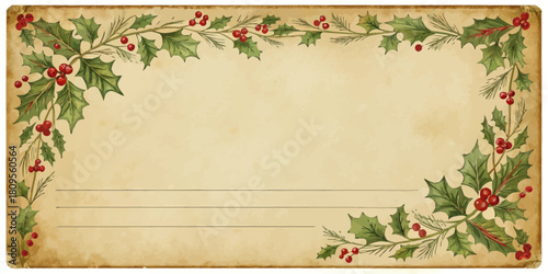 Vector christmas vintage christmas card with holly leaves and red berries framing a beige space for custom messages
