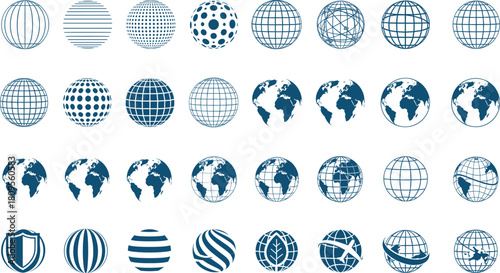 Comprehensive vector icon set illustrating worldwide concepts, with integrated symbols like shield for security and airplane for international transportation.