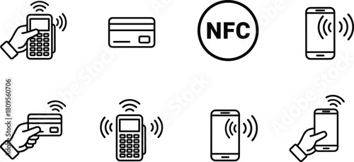 Outline graphic symbols showing hands interacting with payment devices and radiating waves, signifying secure, touchless digital transactions.