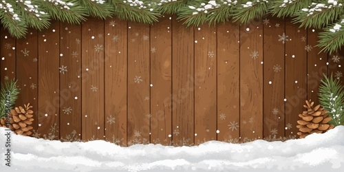 Vector christmas winter scene featuring a wooden fence snow covered ground pine cones and snow covered pine branches
