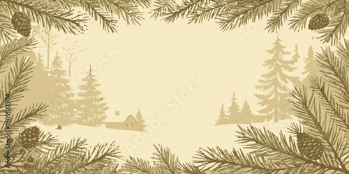 Vector christmas illustration of pine branches and pine cones framing a winter scene with trees and a small house scene backdrop