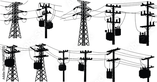 Detailed vector silhouettes of high voltage transmission towers, electric utility poles, and transformers for energy grid infrastructure.