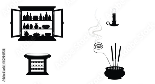 Collection of silhouettes depicting various home decor and ritualistic items Vector