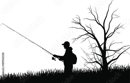 Fisherman silhouette standing with rod near bare tree, man fishing in grass field, outdoor hobby vector illustration, nature background