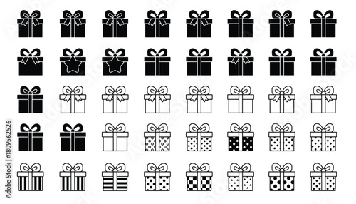 Comprehensive set of detailed linear and solid gift boxes, perfect for creating unique branding, holiday cards, and digital interface design elements.