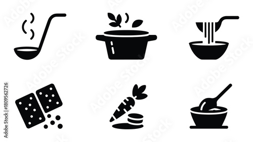 Black and white glyph icons depicting healthy homemade cooking elements