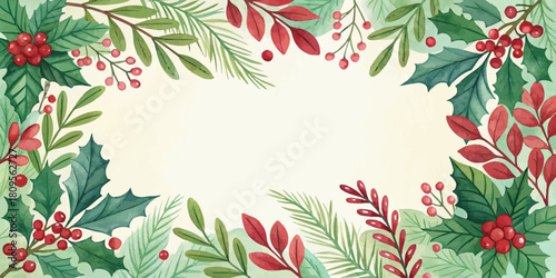Vector christmas watercolor christmas frame with holly berries and leaves forming a decorative border around center space