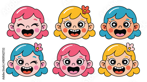 Cartoon Heads of Cheerful Children with Various Hair Colors and Expressions