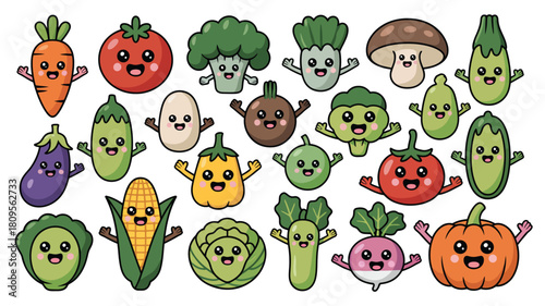 Cartoon Cute Vegetables and Fruits Illustration Design for Healthy Food Concept