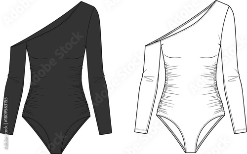 One shoulder bodysuit fashion sketch, long sleeve design, ruched torso detail, front and back view, garment illustration, flat vector
