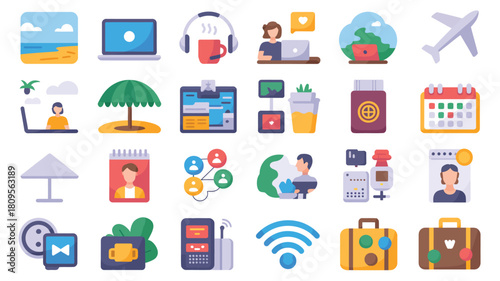 Collection of work related and travel destination icon elements vector