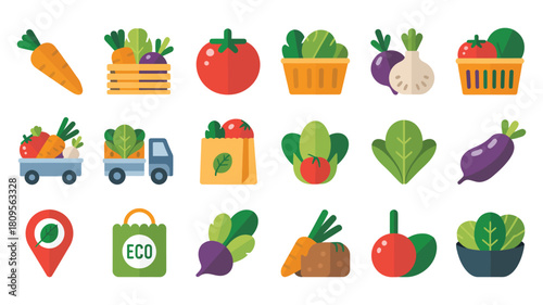 Colorful Vector Illustration Set of Fresh Vegetables Icons on White Background