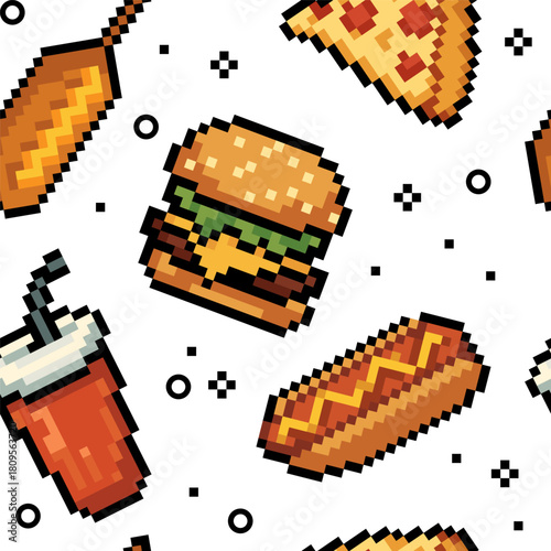 Seamless Pixel Art Fast Food Pattern. Vintage Junk Food Seamless Design including burger, pizza, hotdog, corn dog, and soda in retro 8-bit style for games, packaging, textile, digital projects.Vector