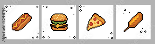 Set of pixel art fast food icons including hotdog, burger, pizza slice, and corn dog in retro 8 bit style for game design, cafe, menu, stickers, web graphics, digital art projects.Vector illustration